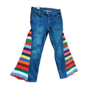 Levis Bell Bottom Upcycled Boho Hippie Flared Croched Jeans 36x32